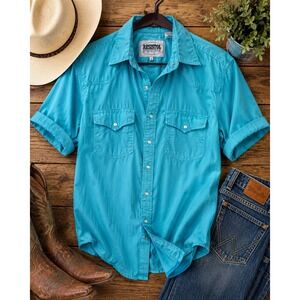 Resistol Ranch Western Pearl Snap Shirt Size M Blue Short Sleeve Cotton Cowboy